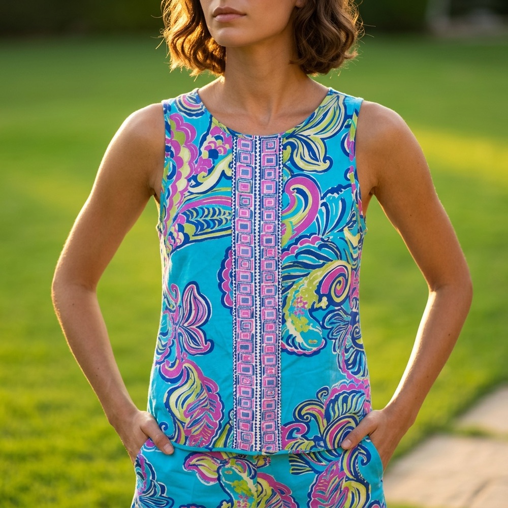 Lilly Pulitzer Geometric Paisley Teal Sleeveless 100% Silk Blouse Size XS